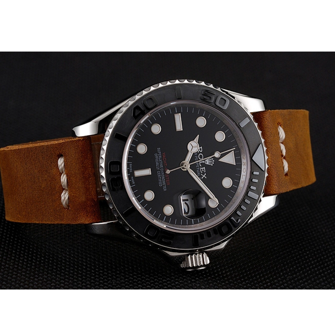 Aaa replica watch Black Dial Yacht Silver Case 1453859 Rolex Master Brown Leather Bracelet 0712